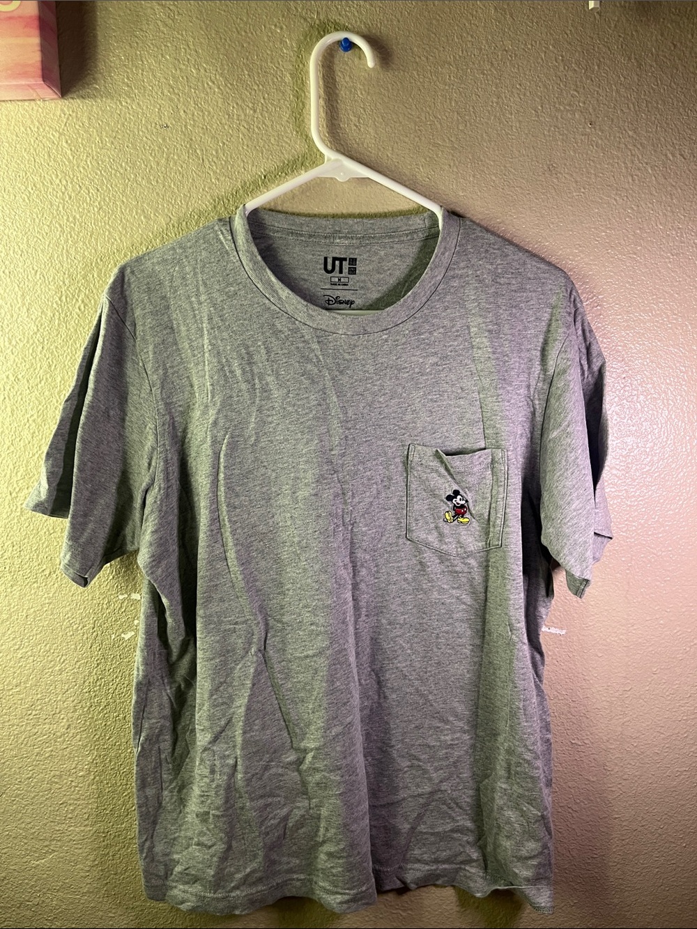 Disney Gray Short Sleeve Pocket Tee with Embroidered Mickey